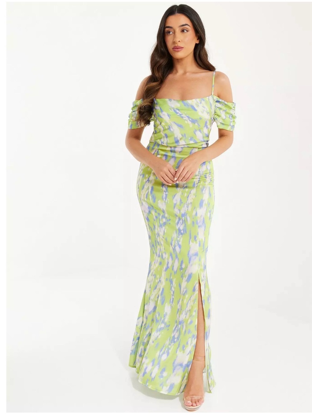 QUIZ PETITE MARBLE PRINT SATIN MAXI DRESS VIBRANT LIME GREEN MARBLE PRINT SIZE 8